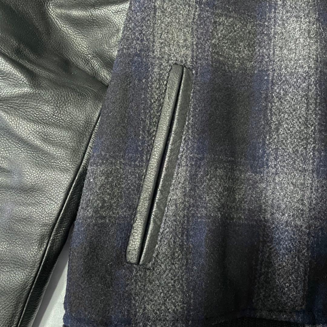 challenger スタジャン　レザー切り替え　オンブレチェック　紺　Mサイズ