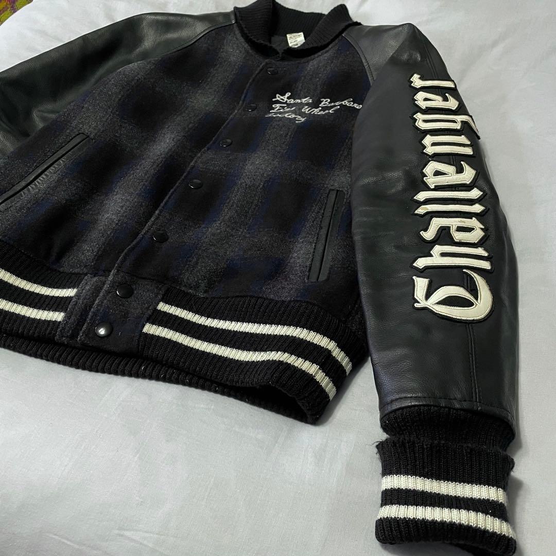 challenger スタジャン　レザー切り替え　オンブレチェック　紺　Mサイズ