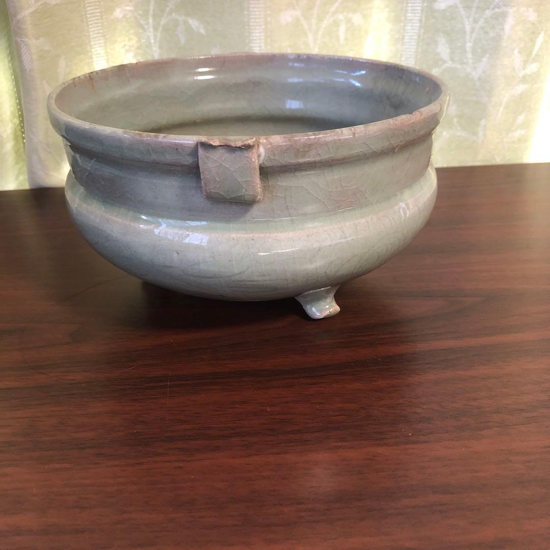 青磁　瓶掛け　香炉大　青磁　三つ足　骨董　茶道具