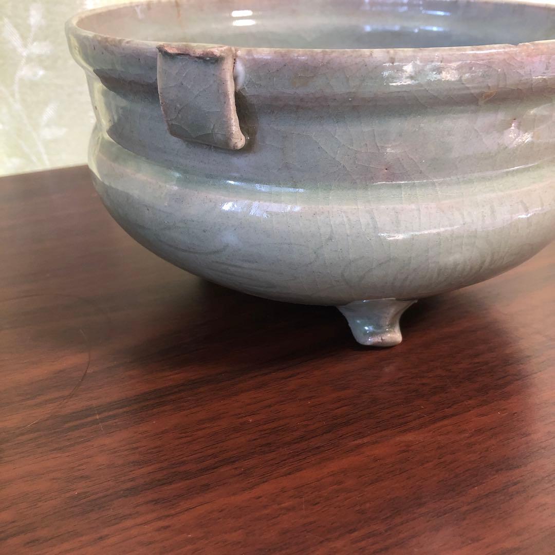 青磁　瓶掛け　香炉大　青磁　三つ足　骨董　茶道具