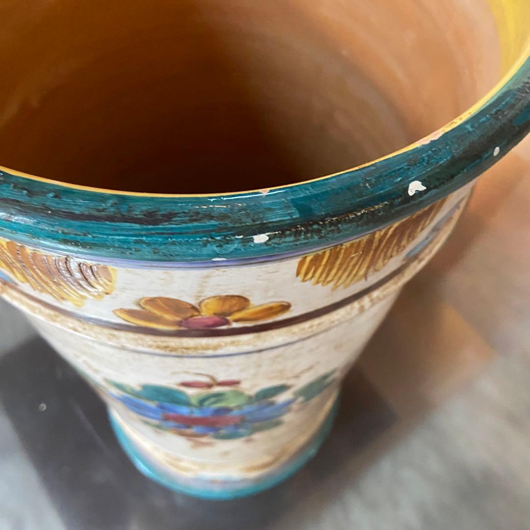 陶器　傘立て　ヴィンテージ　ハンドペイント　明るい花柄　イタリア