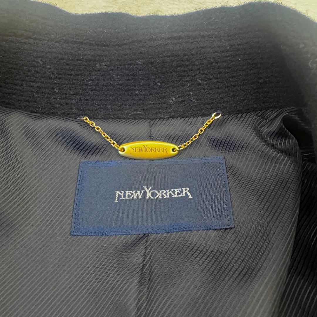 美品 15号 大きいサイズ ニューヨーカー ウール ロングコート ネイビー 3L