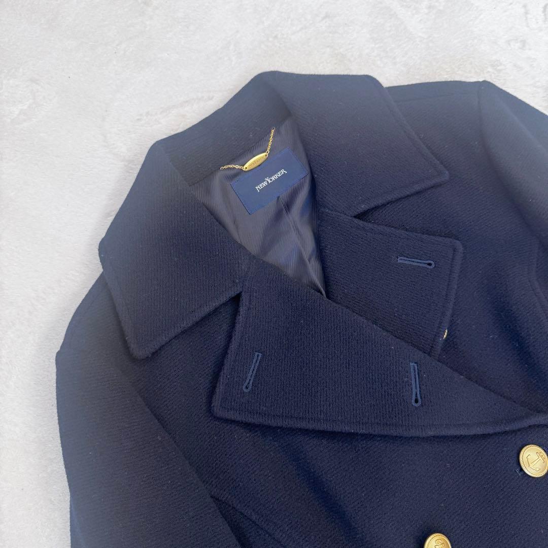 美品 15号 大きいサイズ ニューヨーカー ウール ロングコート ネイビー 3L