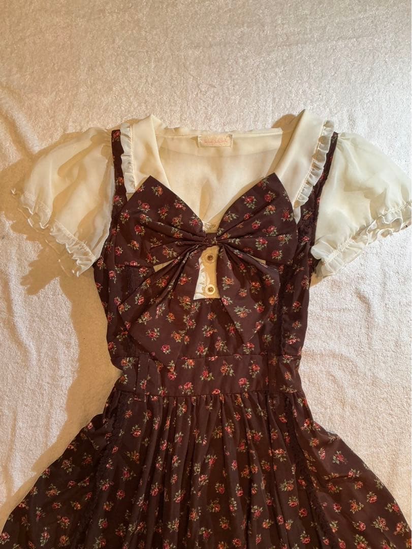 LIZLISA 希少 BIGリボンAラインワンピース 重ね着風 ローズ柄 姫カジ