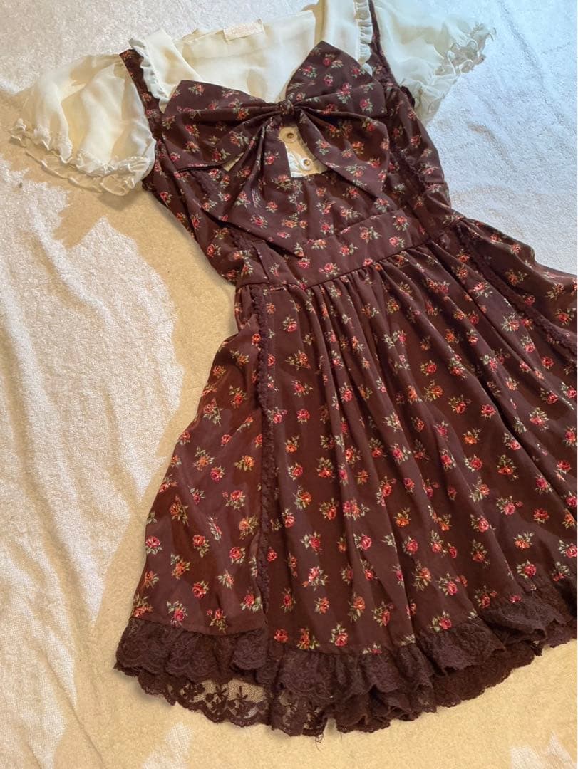 LIZLISA 希少 BIGリボンAラインワンピース 重ね着風 ローズ柄 姫カジ