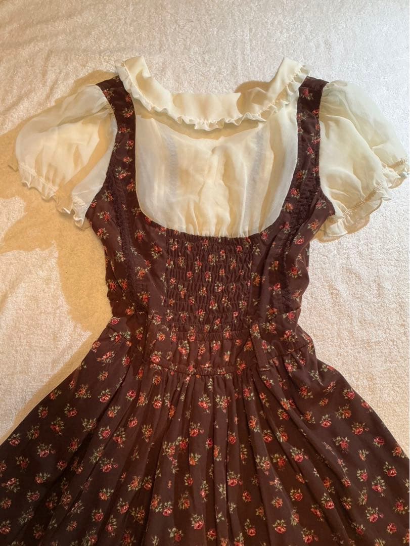 LIZLISA 希少 BIGリボンAラインワンピース 重ね着風 ローズ柄 姫カジ