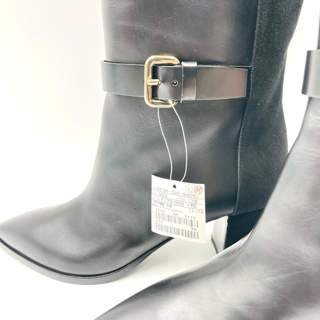 ポリーニ ロングブーツ ポインテッドトゥ 本革 36 黒 イタリア製 Y1138