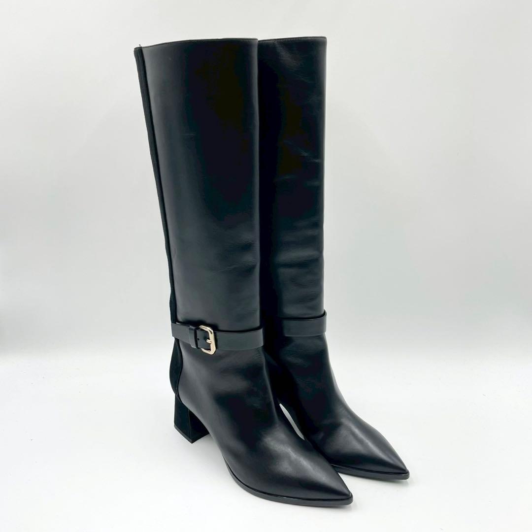 ポリーニ ロングブーツ ポインテッドトゥ 本革 36 黒 イタリア製 Y1138