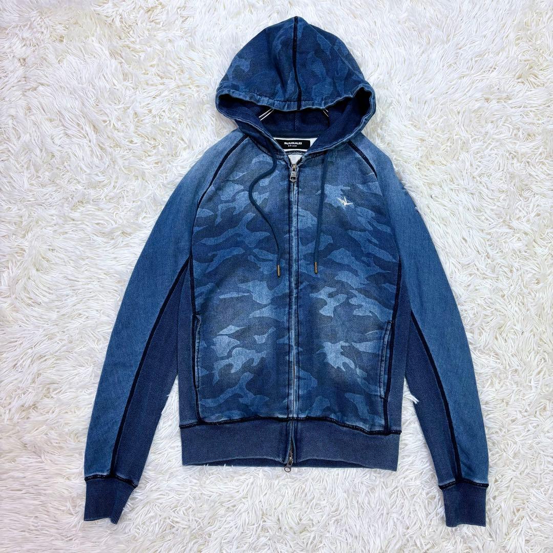 美品 ウノピュウ デニム ルームウェアセットアップ カモフラ柄 ネイビー 伸縮性