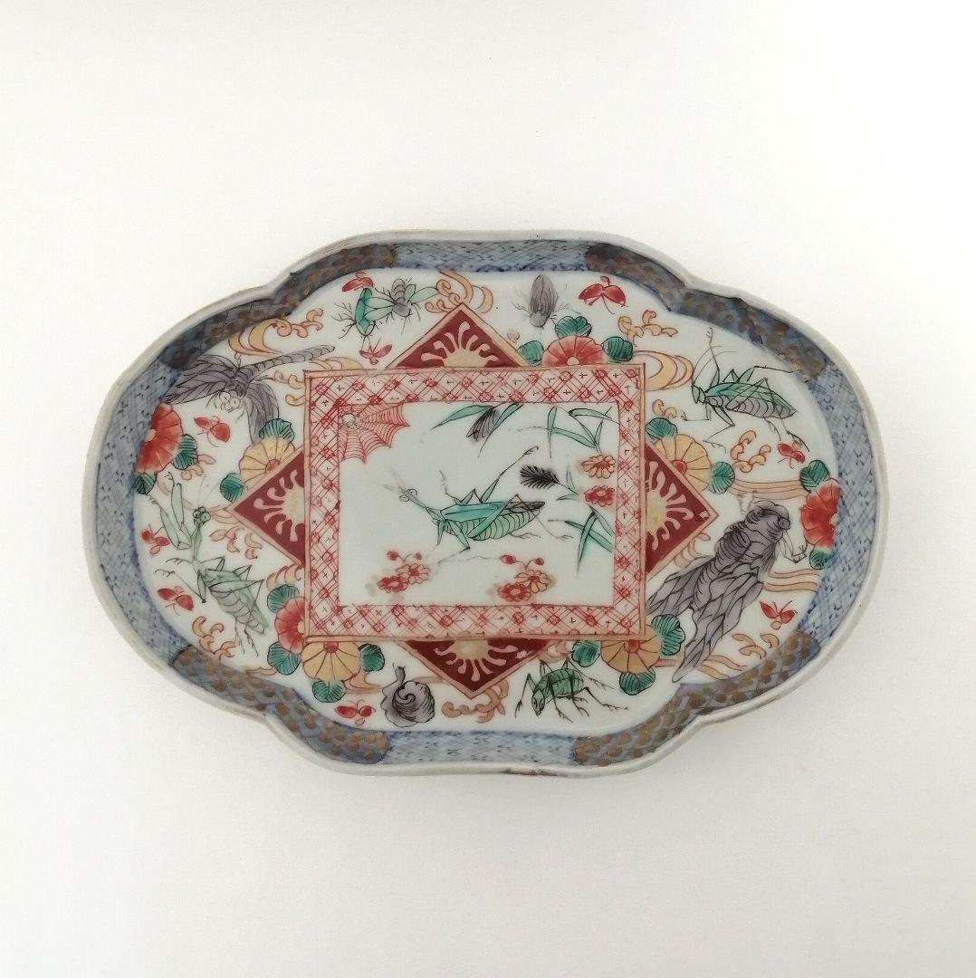 古伊万里　色絵　虫尽くし図　木瓜形　縁立皿