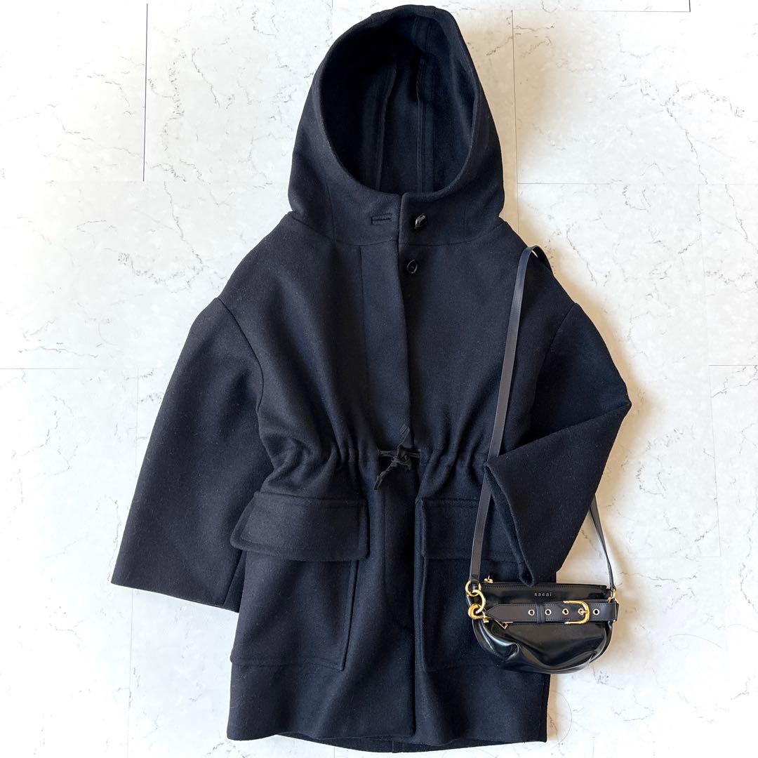 イザベルマラン オーバーサイズ フーデッドウールメルトン リバーハーフコート 黒