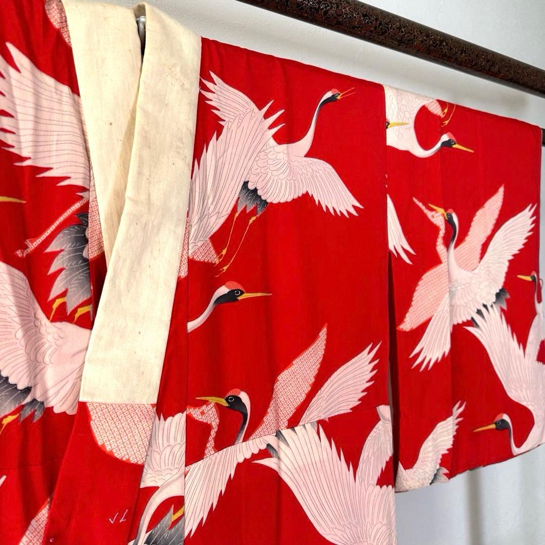 美品　正絹　長襦袢　着物　赤　鶴　124cm アンティーク　ヴィンテージ　レトロ
