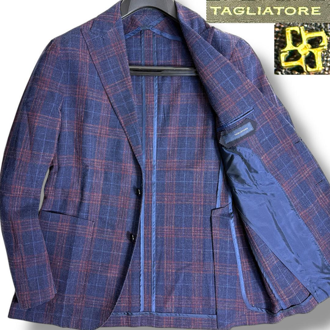 J7419 美品 タリアトーレ シルクリネンチェック柄ジャケット 紺 48