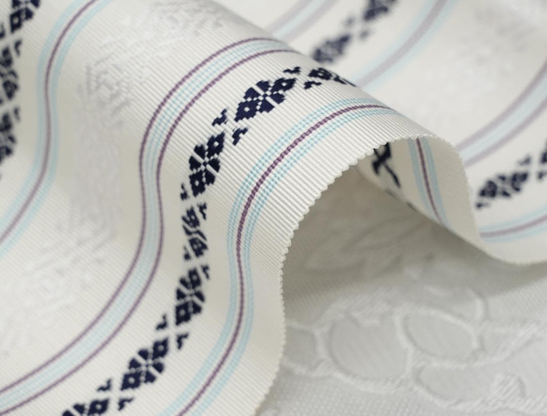 新品 博多織 【長尺】単衣半幅帯 浴衣帯 白地 藤色・濃紺五本献上柄 帯端処理済