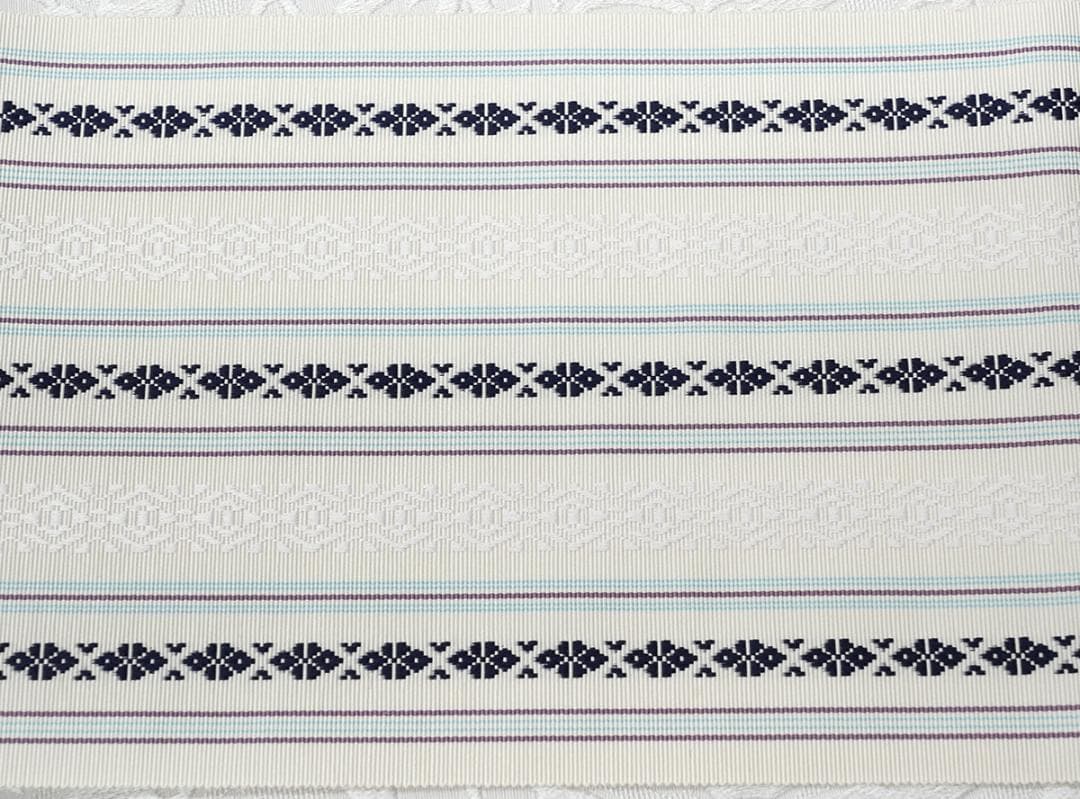 新品 博多織 【長尺】単衣半幅帯 浴衣帯 白地 藤色・濃紺五本献上柄 帯端処理済