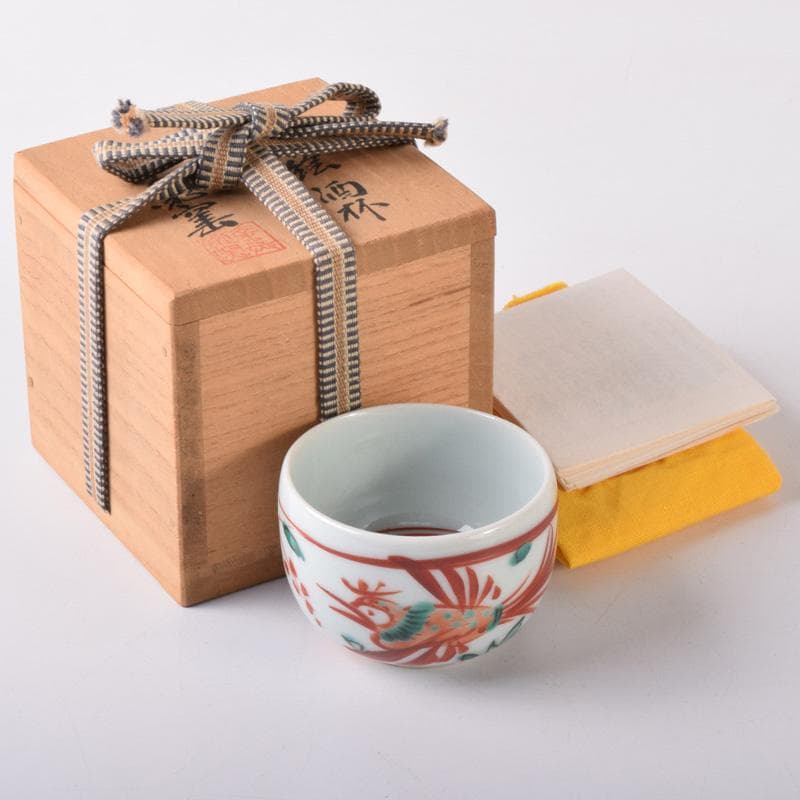 加藤卓男　幸兵衛窯　呉須赤絵　鳥草文　酒杯　盃　共箱　V　7249