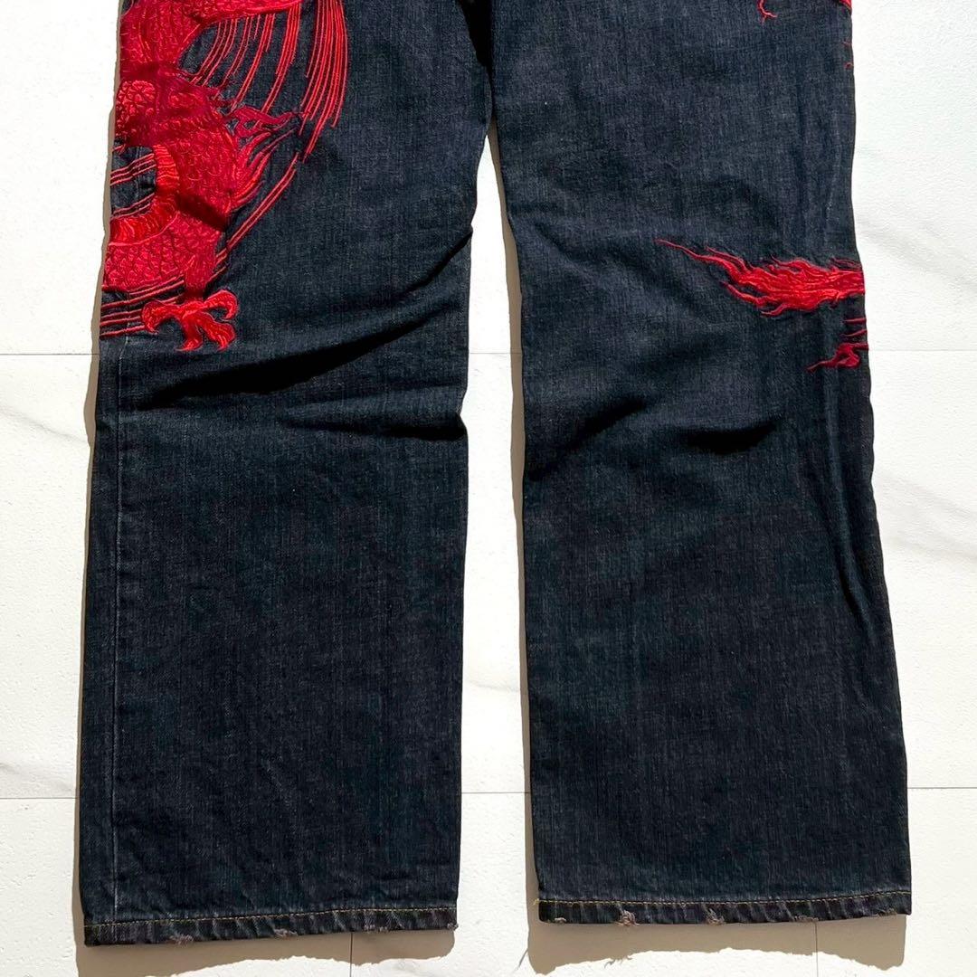 【美品✨希少】絡繰魂 流儀 デニムパンツ 2XLサイズ 龍 和柄 刺繍 ブルー