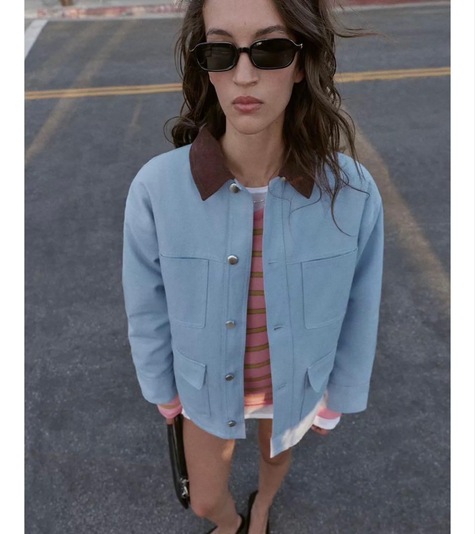 タグ付き新品★ZARAのコントラストカラーパフジャケット★Sサイズ★空色