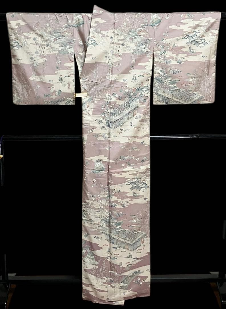 本場縞大島紬 付下げ訪問着 型絵染 桜楓楼閣 江戸風景 共八掛 証紙 イ6605
