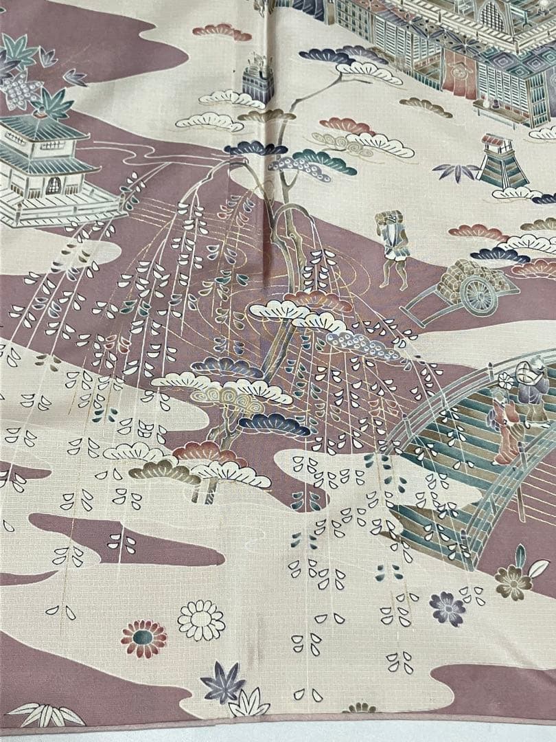 本場縞大島紬 付下げ訪問着 型絵染 桜楓楼閣 江戸風景 共八掛 証紙 イ6605