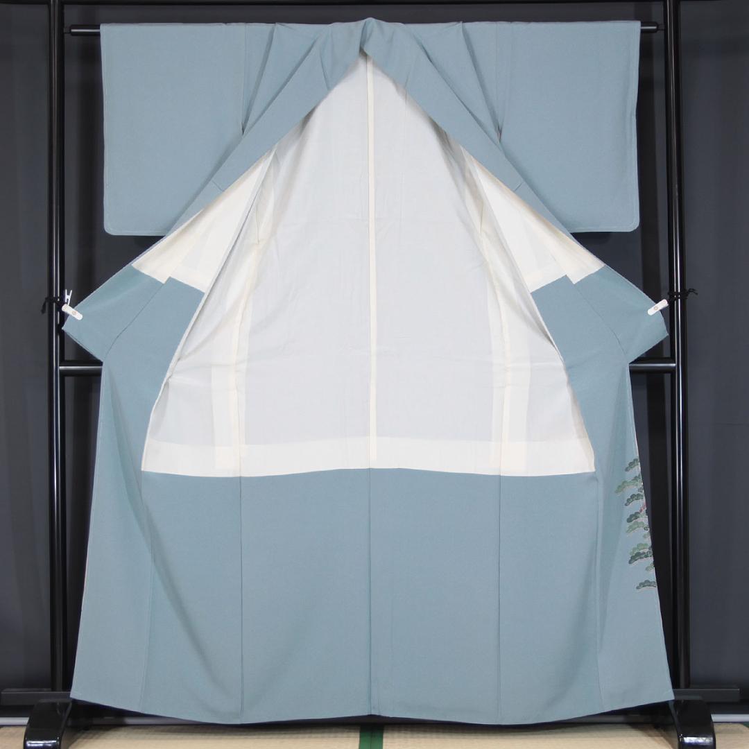 未使用　友禅柄　160cm　Mサイズ　灰水色　正絹色留袖　a919