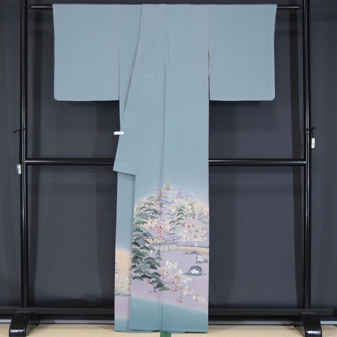 未使用　友禅柄　160cm　Mサイズ　灰水色　正絹色留袖　a919