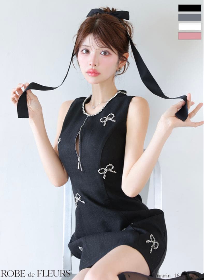 ROBEdeFLEURSノースリーブ ビジュー ジップデザイン リボンフレアミニ