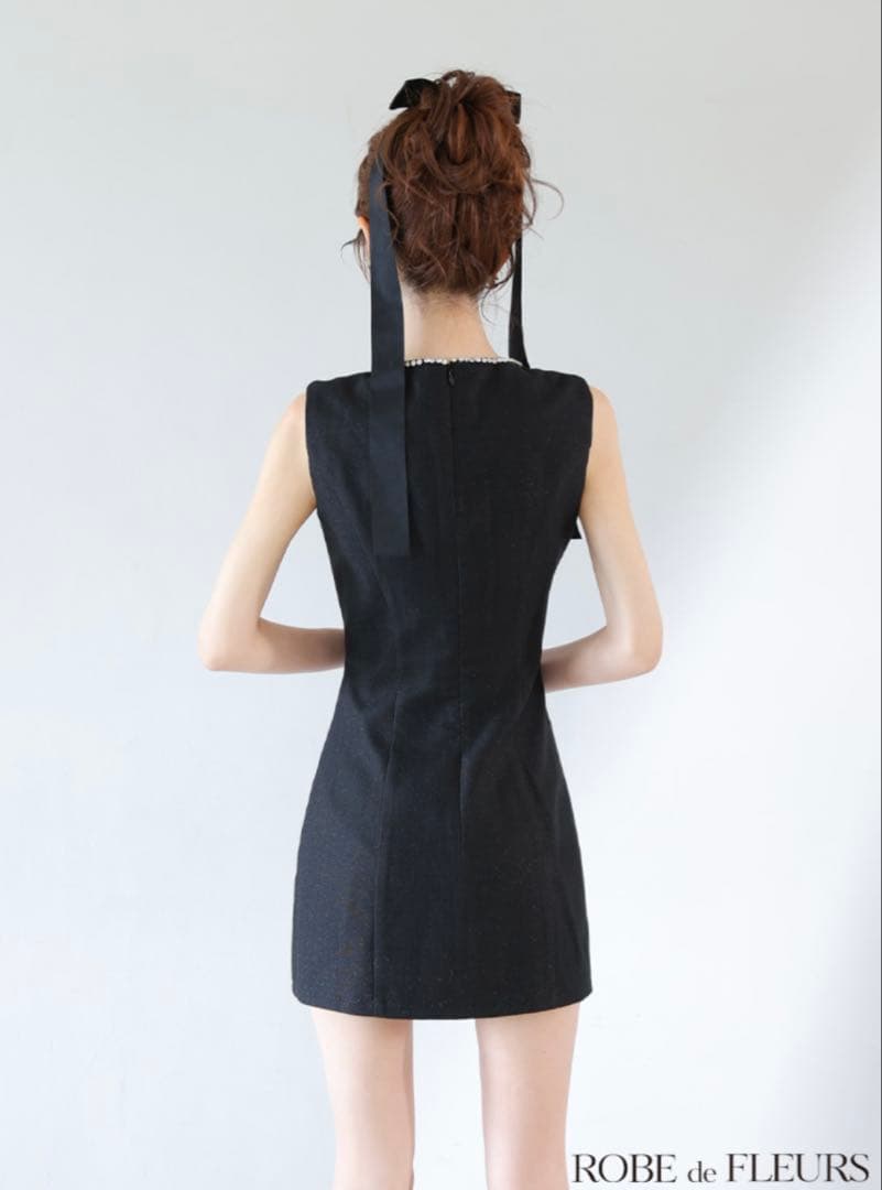 ROBEdeFLEURSノースリーブ ビジュー ジップデザイン リボンフレアミニ