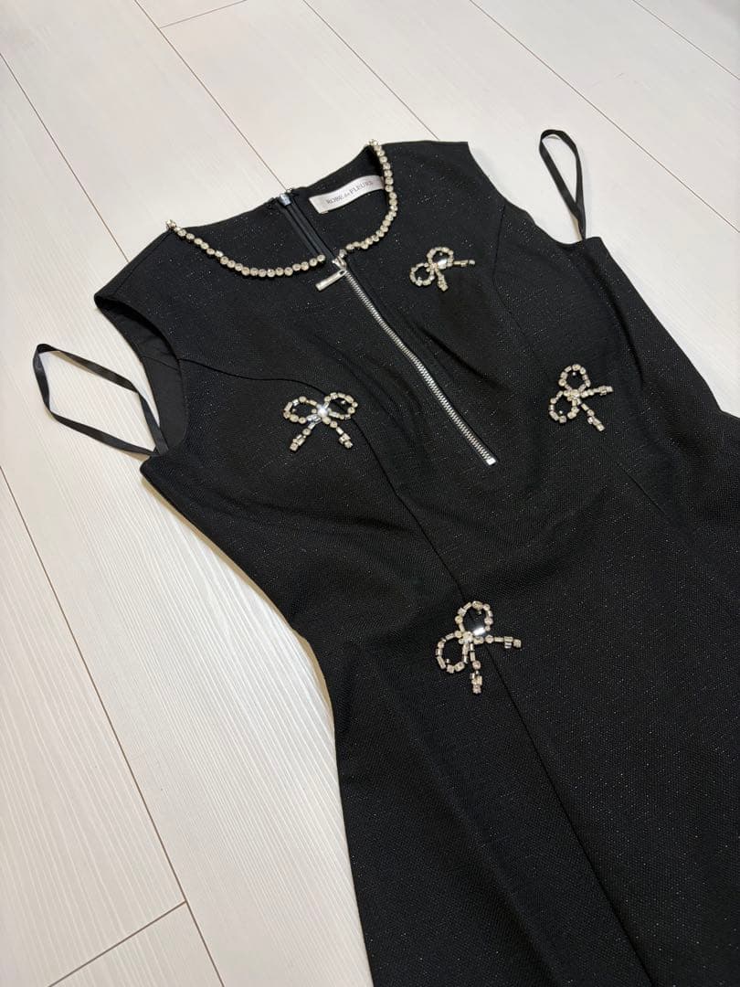 ROBEdeFLEURSノースリーブ ビジュー ジップデザイン リボンフレアミニ