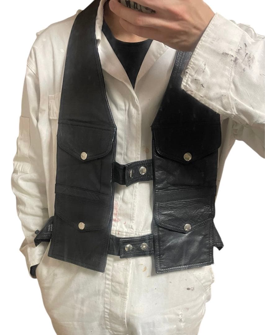 【珍品】 vintage unknown レザーベスト ハーネス ジレ 4つポケ
