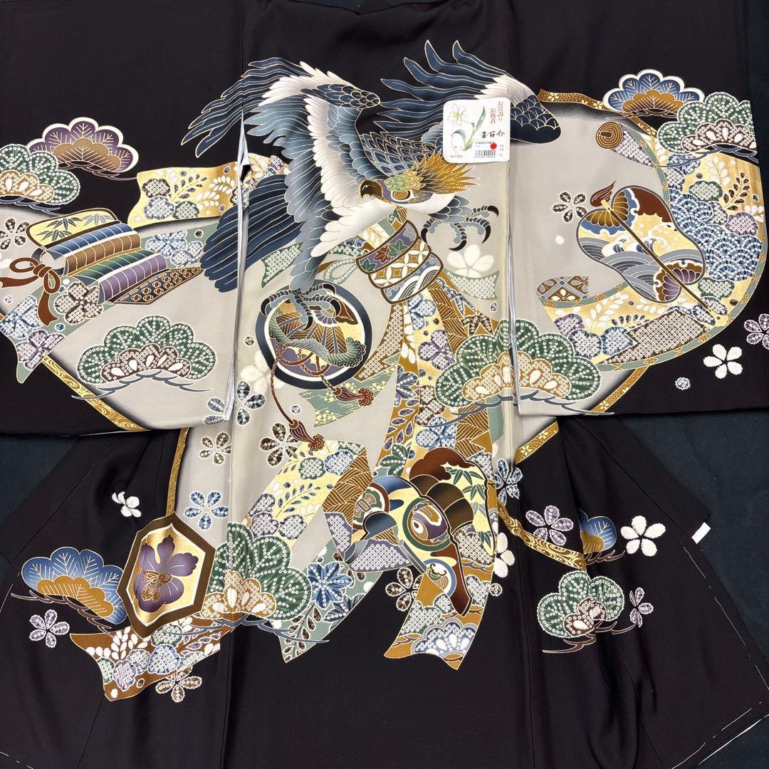 新品「即決価格」正絹産着祝着京友禅豪華刺繍、金彩仕様、特選大鷹と祝熨斗古典文