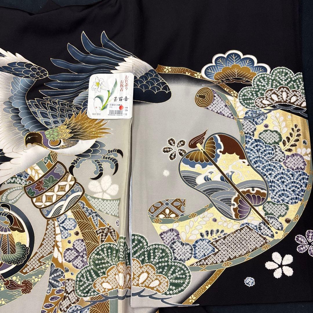 新品「即決価格」正絹産着祝着京友禅豪華刺繍、金彩仕様、特選大鷹と祝熨斗古典文
