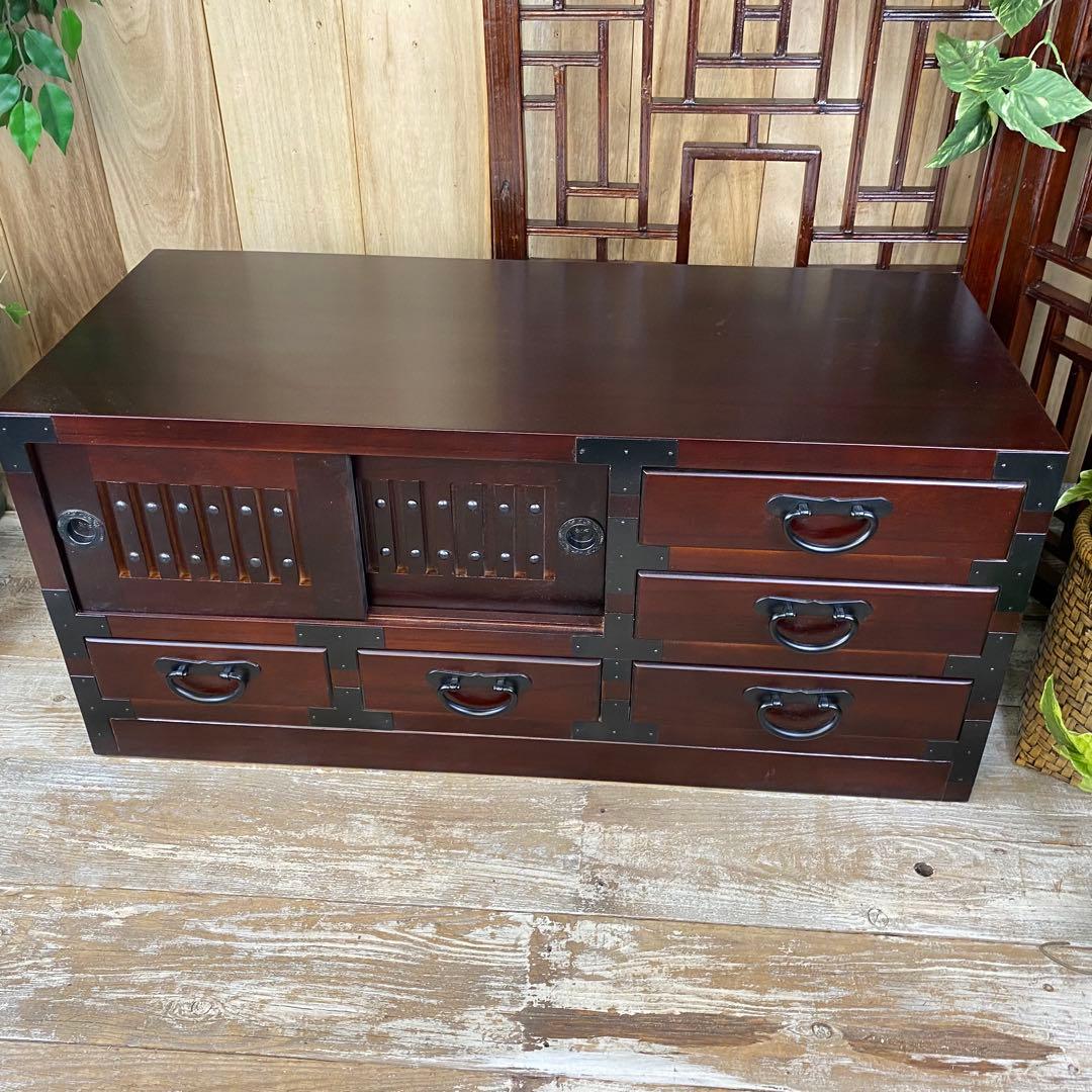 人気再入荷！民芸家具桐材天然無垢和引き戸付きチェスト横長テレビ台飾り棚収納和箪笥