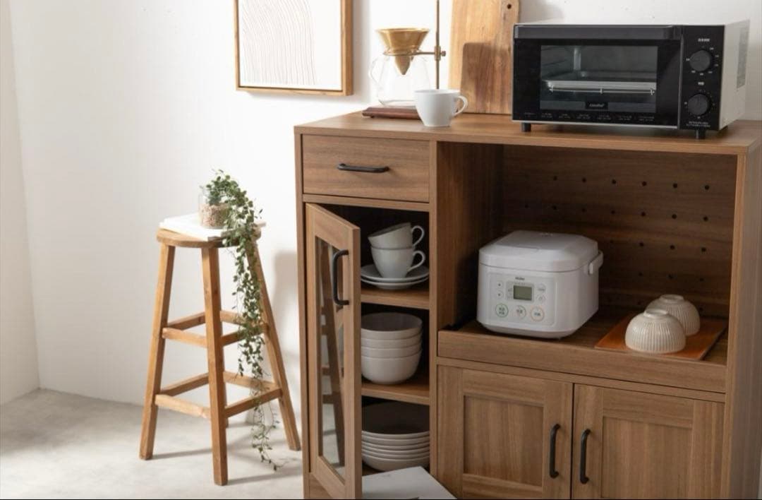 ガラス扉付き レンジボード ライトウッド
