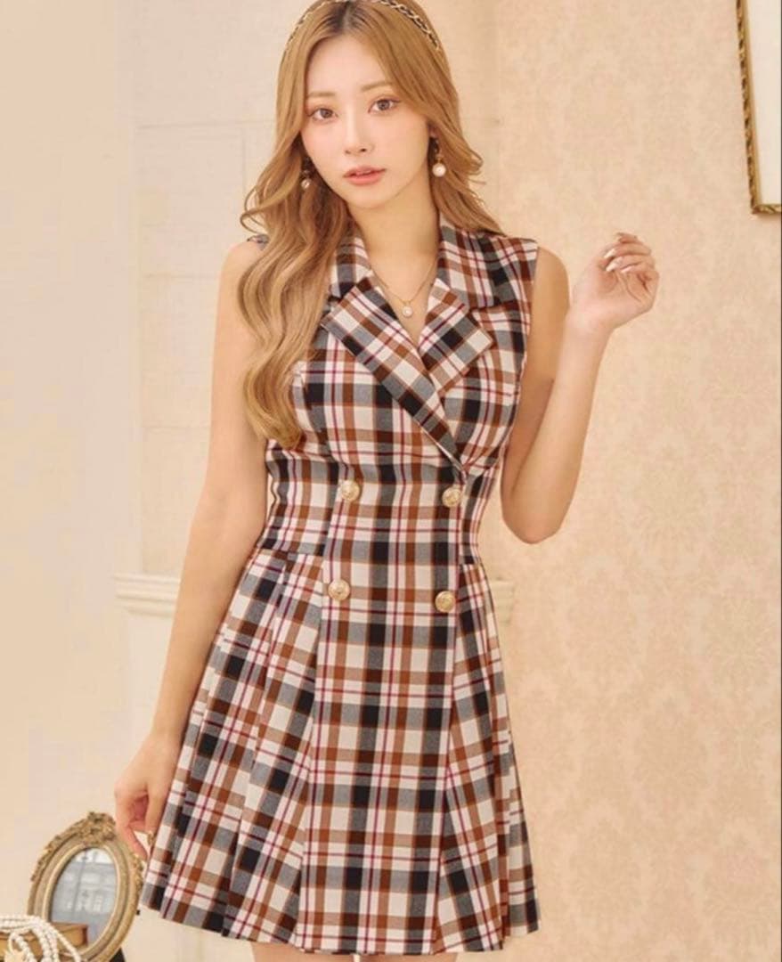 【an/アン】ノースリーブ チェック柄 ボタン プリーツ 襟付きフレアミニドレス