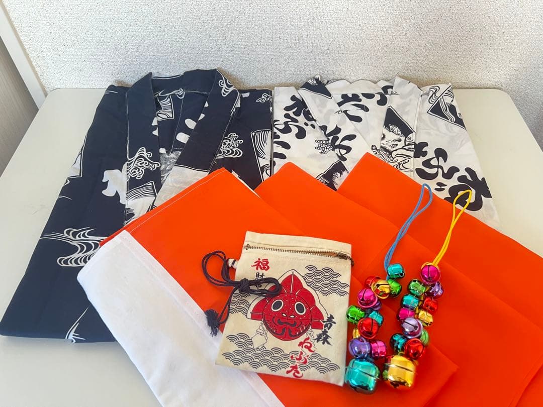 《祭》青森ねぶた跳人 浴衣ミニ丈紺,白2点 タスキおこししごき各橙色 福財布 鈴