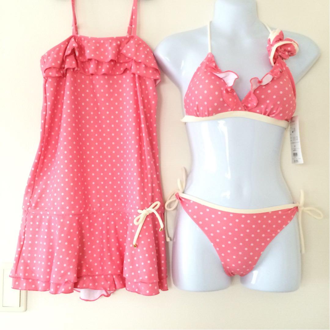 新品☆水着 ビキニ ワンピース 3点セット スイムウェア S ピンク ドット
