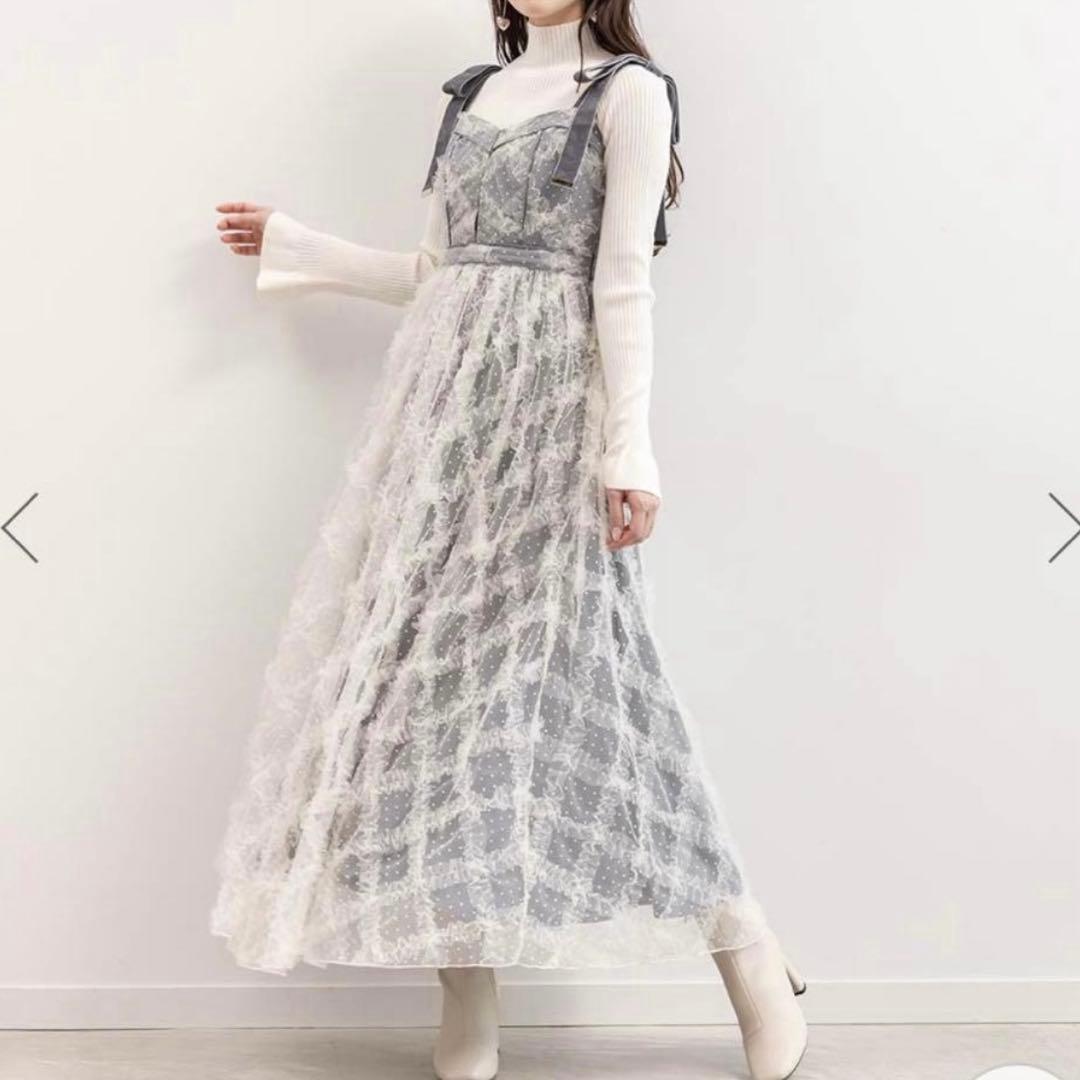 RANDA ドットチュールデザインワンピース グレー