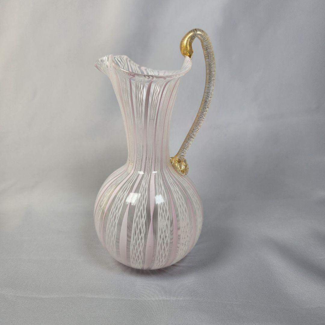 MURANO ITALY金彩 ピンクレースライン ピッチャー 花瓶