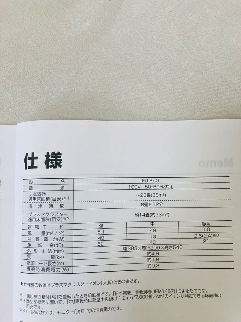 シャープ　SHARP　空気清浄機　プラズマクラスター　FU-R50　2023年製