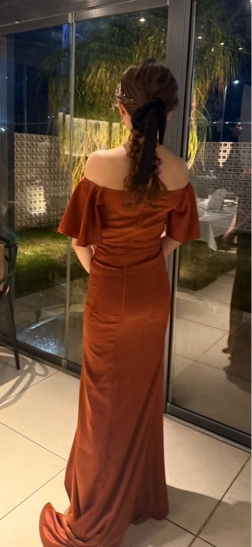 オフショルダー パーティードレス ウェディングドレス 二次会ドレス テラコッタ