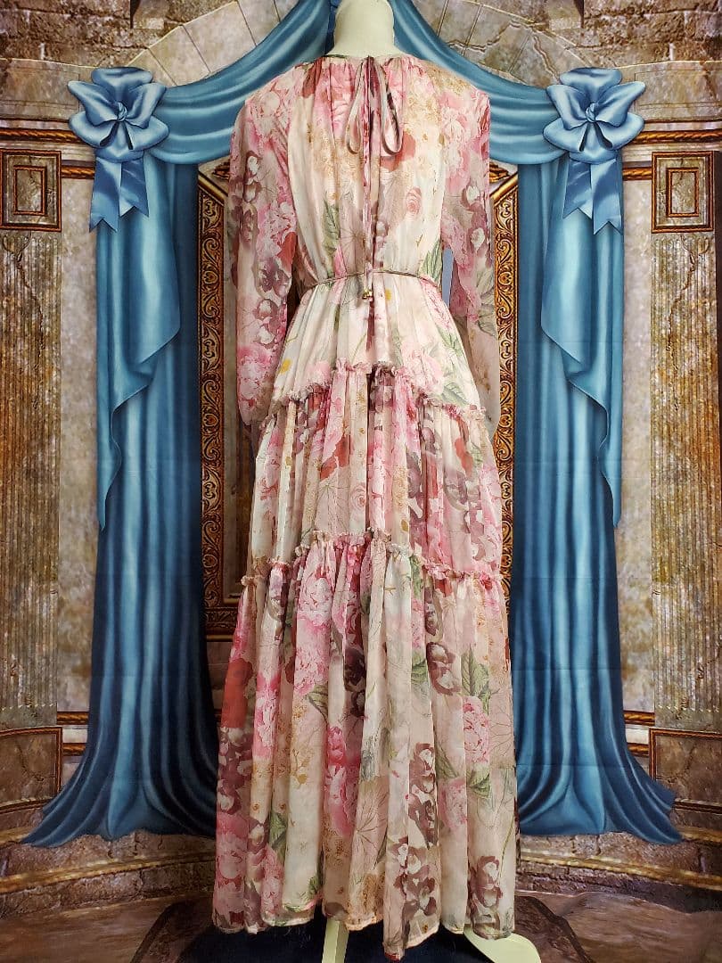 フリー【新品インポートセレクト】花柄シフォンティアードワンピースピンク