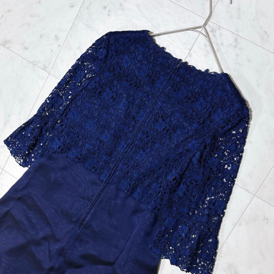 美品 ソワールドルチェ レース オーガンジー ロングドレス フレア 現行 紺