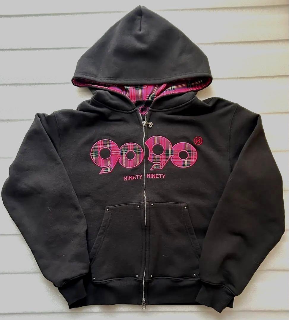 期間限定値引き　9090　裏起毛　パーカー　ピンクチェック　平成ギャル　ブラック