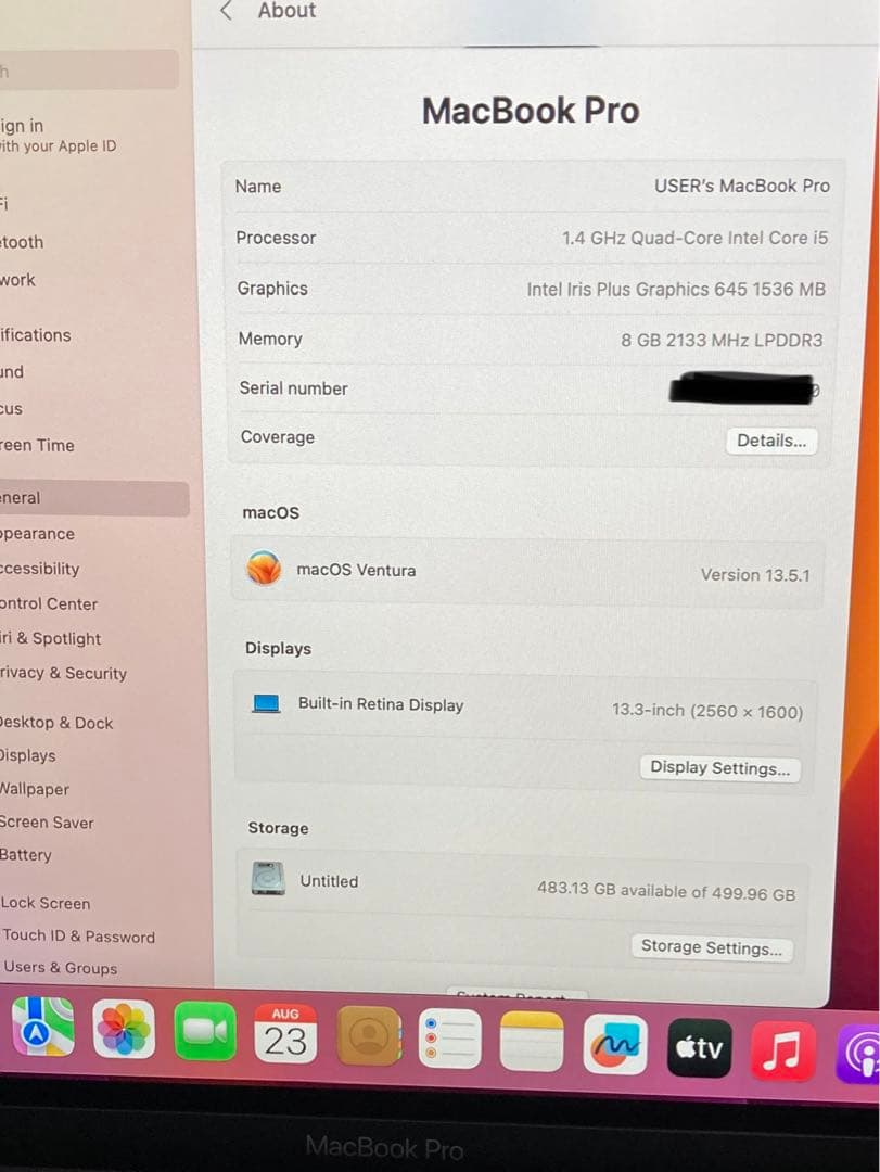 MacBook本体 MacBook Pro 13 TouchBar i5 8GB 512GB2020