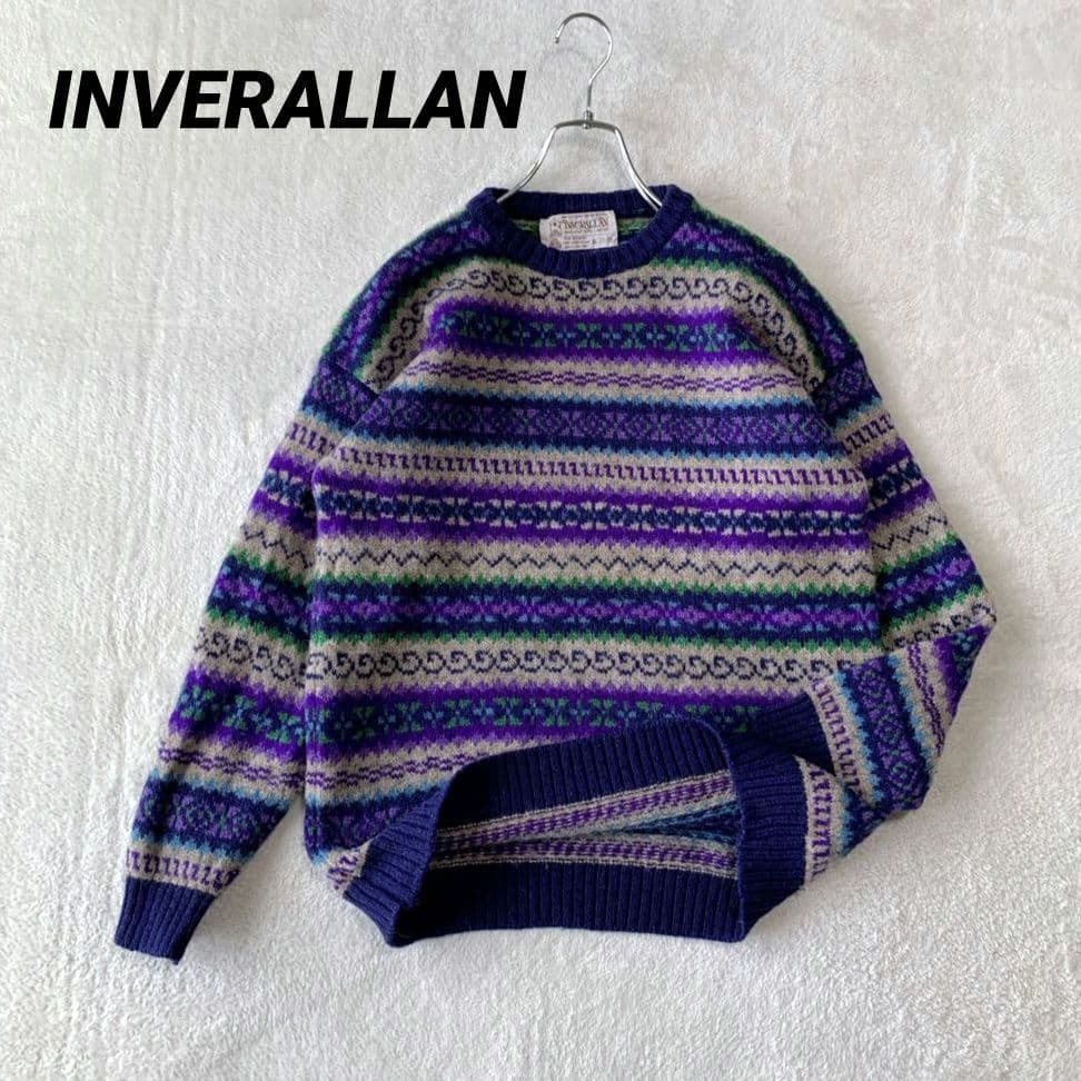 人気 スコットランド製 インバーアラン クルーネック ハンドニット 総柄 茶タグ