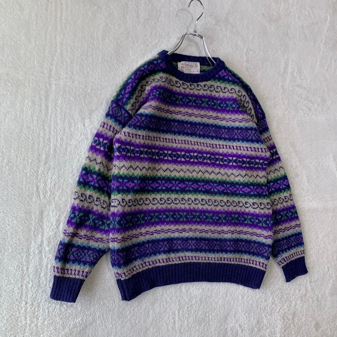 人気 スコットランド製 インバーアラン クルーネック ハンドニット 総柄 茶タグ