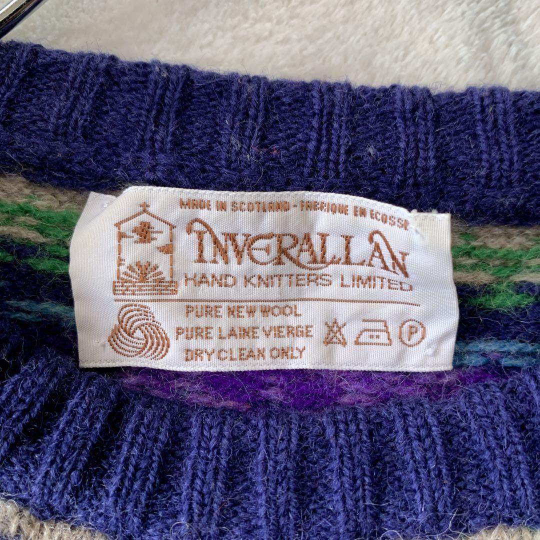 人気 スコットランド製 インバーアラン クルーネック ハンドニット 総柄 茶タグ