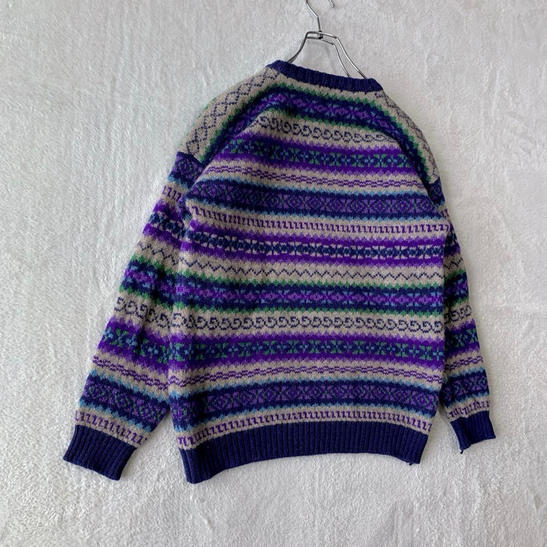 人気 スコットランド製 インバーアラン クルーネック ハンドニット 総柄 茶タグ