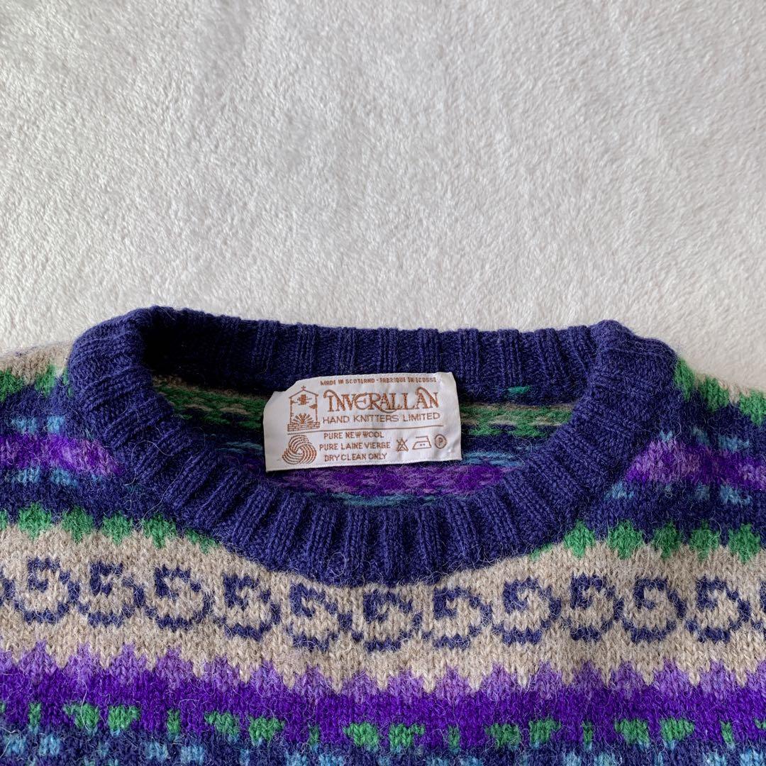 人気 スコットランド製 インバーアラン クルーネック ハンドニット 総柄 茶タグ
